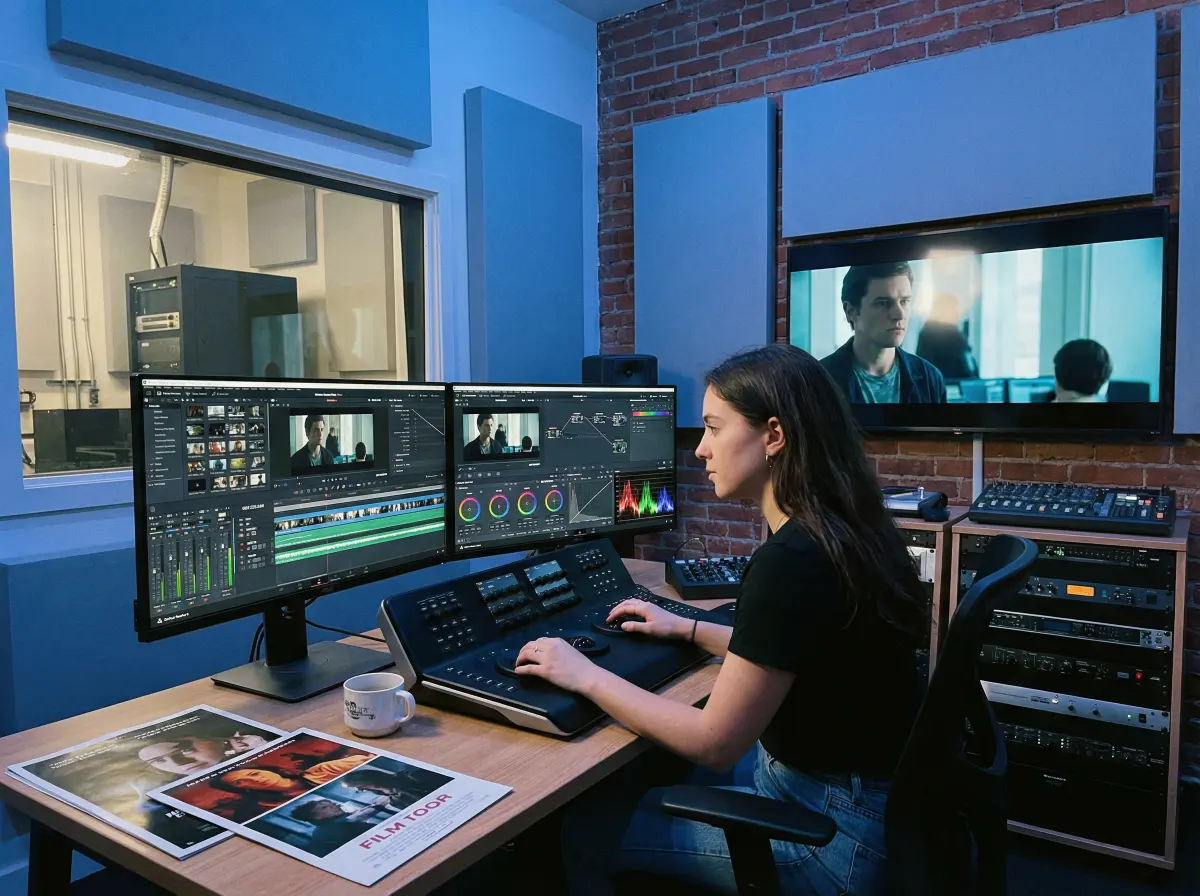 年轻剪辑师在后期工作室工作的 暗网 故事